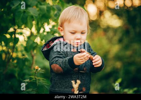 Ein entzückender 1-jähriger Junge, der an einem schönen sonnigen Tag im Park spielt Stockfoto