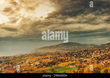 Herrliche Herbstlandschaft mit Weinbergen von Lavaux, schweizer riviera, Lausanne, Kanton Waadt, Schweiz Stockfoto