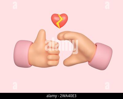 3D Cartoon Hand mit gebrochenem Herzen isoliert auf rosa Hintergrund mit Beschneidungspfad. 3D-Rendering-Abbildung Stockfoto