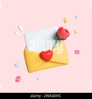 3D Icon offener Umschlag Liebesbrief, Briefbrief mit rotem Herzen. Realistische Elemente für romantisches Design. Isoliertes Objekt auf rosafarbenem Hintergrund mit Stockfoto