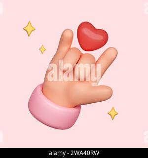 3D-Handgesten mit rotem Herzen für „I Love You“. Zeichentrickstil isoliert auf rosa Hintergrund. Beschneidungspfad. 3D-Rendering-Abbildung Stockfoto