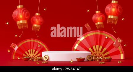 Red Podium chinesisches Neujahrskonzept. Produktständer Podium Hintergrund Sockel 3D-Rendering Illustration Stockfoto