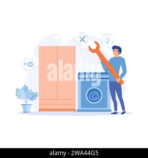 Haushaltsgerät Reparatur Techniker Service mit Waschmaschine, Kühlschrank Elemente.flache Vektor moderne Illustration Stock Vektor