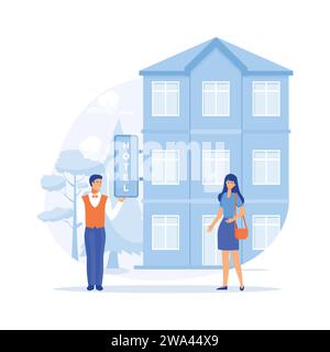 Hotelservice. Portier-Service, lächelnder Portier begrüßt Gäste. Moderne Illustration des flachen Vektors Stock Vektor