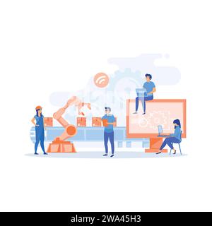 Intelligente Industrie. Eine Produktionslinie mit Arbeitern, Automatisierung und Benutzeroberfläche, flache Vektorgrafik, moderne Illustration Stock Vektor