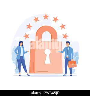 Allgemeiner Datenschutz. Die Europäische Kommission stärkt und vereinheitlicht den Schutz personenbezogener Daten, moderne Illustration mit flachen Vektoren Stock Vektor