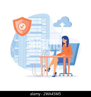 Serverwartung. Leute arbeiten am Computer und tun technische Arbeit mit Server, flache Vektor moderne Illustration Stock Vektor