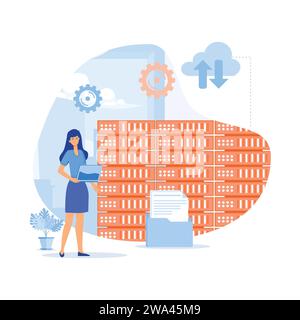 Serverwartung. Frau, die als Technikerin arbeitet und Cloud-Computing im Server-Rack-Raum einrichtet, flache Vektorgrafik, moderne Illustration Stock Vektor