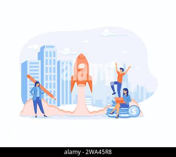 Unternehmensgründung. Junger aufstrebender Unternehmensrakete startet in den Weltraum, flache moderne Illustration des Vektors Stock Vektor