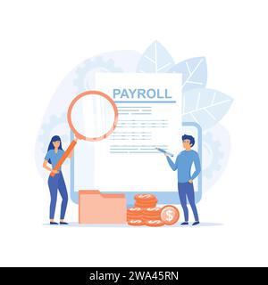 Gehaltsabrechnung. Mann und Frau benutzen Bleistift und Lupe, um Gehaltsscheck zu untersuchen, flache moderne Vektor-Illustration Stock Vektor