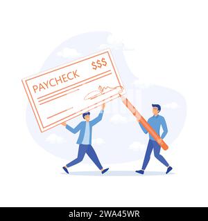 Gehaltsscheck. Mann mit Tintenstift zum Unterzeichnen, flache Vektor moderne Illustration Stock Vektor