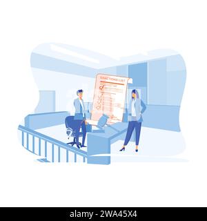 Geschäftsleute diskutieren Sanktionsliste mit einem Gesetzeshügel im Hintergrund, flache, moderne Illustration Stock Vektor