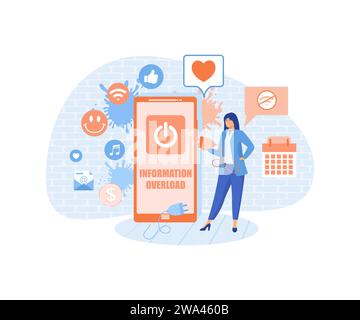 Informationen überladen. Winziges Mädchen schützt sich vor dem Fluss von Informationen und Nachrichten, die das Smartphone ausschalten. Moderne Illustration des flachen Vektors Stock Vektor