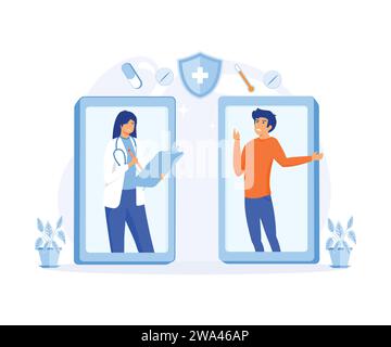 Mobile Telemedizin-Smartphone-Anwendung, Ärztin. Nützliches Tool für Mobilgeräte zur Verwaltung von Gesundheitsdienstleistungen. Moderne Illustration des flachen Vektors Stock Vektor