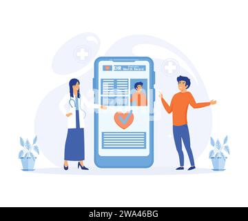Elektronische Patientenakte, digitale EHR-Patientenakte auf Smartphone. Moderne Illustration des flachen Vektors Stock Vektor