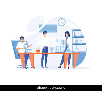 Wissenschaftler, zwei Männer und Frauen, die im Wissenschaftslabor arbeiten. Laborausstattung, Ausrüstung und Laborglas. Moderne Illustration des flachen Vektors Stock Vektor