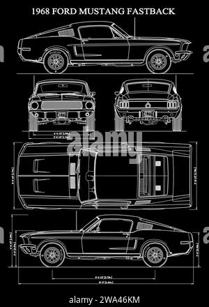 1968 Ford Mustang Fastback Auto-Bauplan Stock Vektor