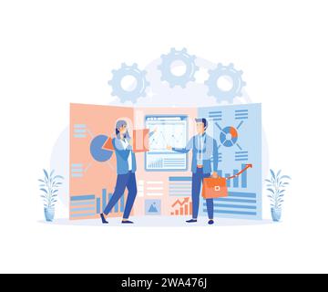 Vektor-Illustration von Unternehmen, Büromitarbeiter studieren die Infografik, die Analyse. Moderne Illustration des flachen Vektors Stock Vektor