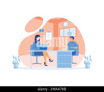 Vorstellungsgespräch. Ein Mann, der mit einer jungen Frau mit Laptop spricht. Moderne Vektor-Illustration Stock Vektor