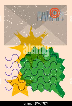 Briefumschlag für Risographen mit Sprechblase mit geometrischen Formen. Objekte in trendigem Riso-Diagramm drucken Textur-Design mit Geometrieelement Stock Vektor