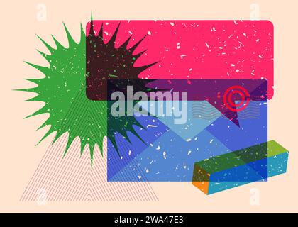 Briefumschlag für Risographen mit Sprechblase mit geometrischen Formen. Objekte in trendigem Riso-Diagramm drucken Textur-Design mit Geometrieelement Stock Vektor