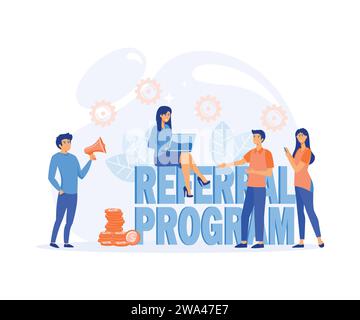 Weiterempfehlen von Freunden. Menschen in der Nähe von Megaphon mit Wortkonzept des Referral-Programms. Moderne Illustration des flachen Vektors Stock Vektor