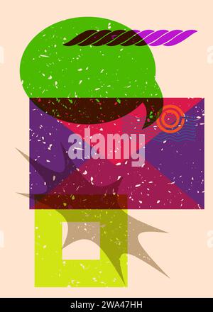 Briefumschlag für Risographen mit Sprechblase mit geometrischen Formen. Objekte in trendigem Riso-Diagramm drucken Textur-Design mit Geometrieelement Stock Vektor