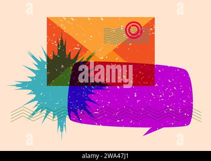 Briefumschlag für Risographen mit Sprechblase mit geometrischen Formen. Objekte in trendigem Riso-Diagramm drucken Textur-Design mit Geometrieelement Stock Vektor