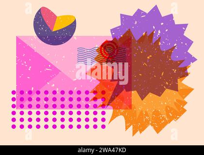 Briefumschlag für Risographen mit Sprechblase mit geometrischen Formen. Objekte in trendigem Riso-Diagramm drucken Textur-Design mit Geometrieelement Stock Vektor