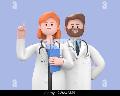 3D-Rendering, kaukasische Ärzte, hält die Zwischenablage und zeigt den Zeigefinger nach oben. Medizinische Kollegen Krankenhauspersonal. Zeichentrickfiguren isoliert Stockfoto