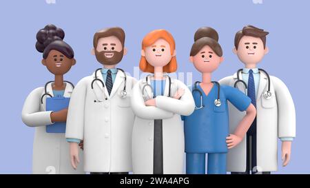 Ärzteteam in Schutzmasken. Bekämpfung des Coronavirus COVID-19.3D-Rendering auf blauem Hintergrund. Stockfoto