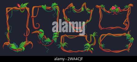 Rahmen und Rahmen aus verdrehtem und verwickeltem Lianenzweig mit grünen Blättern. Cartoon-Vektor-Regenwald-Baumstamm in rechteckiger und kreisförmiger Form. Kletterpflanze im Dschungel für das ui-Design des Spiels. Stock Vektor
