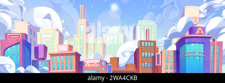 Stadtlandschaft mit modernen Wolkenkratzern in sonnigen Tagen unter blauem Himmel mit Wolken. Cartoon Vektor Illustration der Stadtlandschaft mit Hochhaus Architektur auf Skyline. Stadtstraße. Stock Vektor