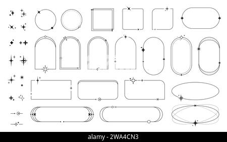 Minimaler Linienrahmen mit Sternenfunkeln und Funkeln, lineare Ränder und Bogenformen, Vektorsymbole. Abstrakte einfache Strichkunstrahmen mit geometrischen, quadratischen und runden Kreisen mit umrissenen glitzernden Sternen Stock Vektor