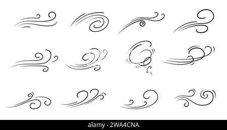 Doodle Air Windbewegungen, windige Sturmschläge und Hurrikanströmungen Wellen und Locken, Vektorsymbole. Wind-Cartoon-Effekte in Doodle Line Art, Herbstwind weht in rasender Geschwindigkeit, windige spiralförmige Wolken der Brise Stock Vektor