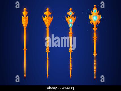 Die Stab des Spielranking-Assistenten sind im Hintergrund isoliert. Vektor-Cartoon-Illustration von goldenen Magie Power Sticks dekoriert mit blauen Edelsteinkristallen, funkelnden schimmernden Partikeln, Level Progress Symbol Stock Vektor