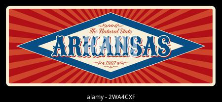 Arkansas State Retro-Schild, US-Schild, alte Straße Sing, Vintage-Schild oder Wegweiser. Die Naturzustandsbeschriftung, Vintage-Typographie und Rahmenvektor. Die Hauptstadt von Little Rock, Pulaski City Stock Vektor