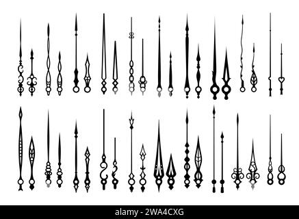 Uhrzeiger, Uhrenpfeile und Zeitzeiger, vektorisolierte Symbole für das Uhrenblatt. Stunden-, Minuten- oder Sekunde-Zeiger einer alten oder antiken Retro-Uhr mit viktorianischer oder mittelalterlicher Verzierung Stock Vektor