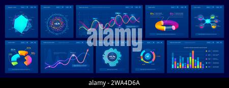 Dashboard-Datendiagramme, Diagramme und Infodiagramme, Vektor-Infografik-Element. Darstellungsdiagramme für Finanzberichte und Geschäftsgrafiken, Statistikbalken, Prozentsätze und Flussdiagramme Stock Vektor