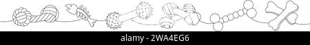 PET-Zubehörset. Hund Kauspielzeug, Fischknochen Skelett, Hund Schlepper, Knochen durchgehende einzeilige Illustration. Lineare Vektordarstellung. Stock Vektor