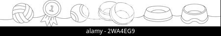 Set mit Haustierzubehör. Hundekugelspielzeug, Medaille des ersten Platzes, Tennisball, Tierschale, Hundeschüssel durchgehende 1-zeilige Illustration. Lineare Vektordarstellung. Stock Vektor