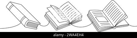 Geöffnete und geschlossene Bücher. Zurück zur Schule, eine Zeile, durchgehende Zeichnung. Durchgehende einzeilige Illustration für Schulzubehör. Stock Vektor