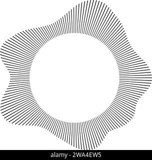 Radialwellen-Schalllinien. Kreisförmiger Rahmen. Klangring. Wellenförmiger Rundrahmen. Symbol für radiale Strahlen. Wellenförmiges geometrisches Designelement. Equalizer, radial Stock Vektor