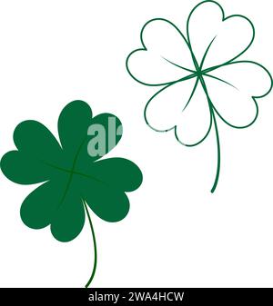 Kontur und Farbe gezeichnet vierblättriges Kleeblatt in trendigem Grün. Designkonzept für Grußworte oder andere Zwecke. Isolieren. EPS. Vektor für Aufkleber, Symbole oder Karten, Banner, Broschüren, Plakate, Preis, Etikett oder Web Stock Vektor