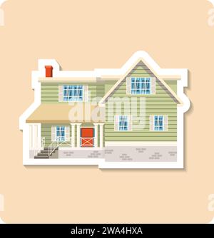 Abbildung des Hausaufklebers. Gebäude, Dach, Fenster, Tür, Veranda. Editierbares Vektorgrafik-Design. Stock Vektor
