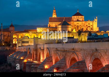 Blick auf die römische Brücke über den Fluss Guadalquivir und die Moschee und Kathedrale in Cordoba, Andalusien, Spanien mit künstlichem Farbfu-Licht bei Nacht Stockfoto