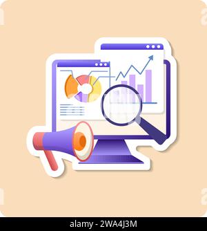 Illustration des Aufklebers für Marktanalysen. Flache Vektorkonstruktion statistische und Datenanalyse für Business Finance Investment Konzept mit Monitordiagramm Stock Vektor