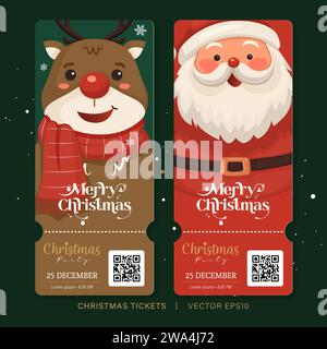 Ticket für Weihnachtsfeier oder Tag Vorlage mit Weihnachtsmann und Rentier Zeichentrickfiguren, Vektor-Illustration Stock Vektor