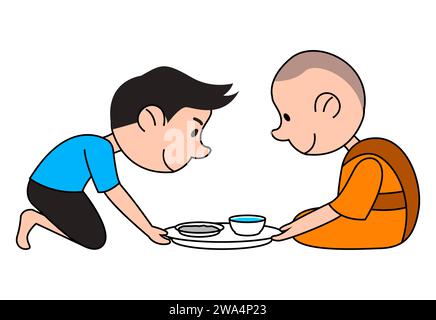 Buddhistischer Mann gibt Nahrung zu Mönch-Cartoon-Version Design, Vektor-Illustration Stock Vektor