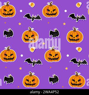 Halloween nahtloses Muster in violettem Hintergrund mit Jack-o-Laterne Kürbisse, Fledermäuse und Süßigkeitenkörner, Vektor-Illustration Stock Vektor